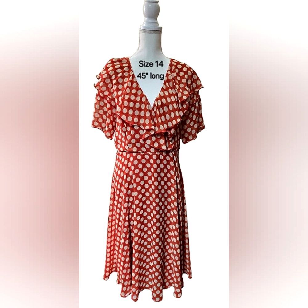 Connected Apparel Orange With Cream Polka-Dots Dress. Sz 14